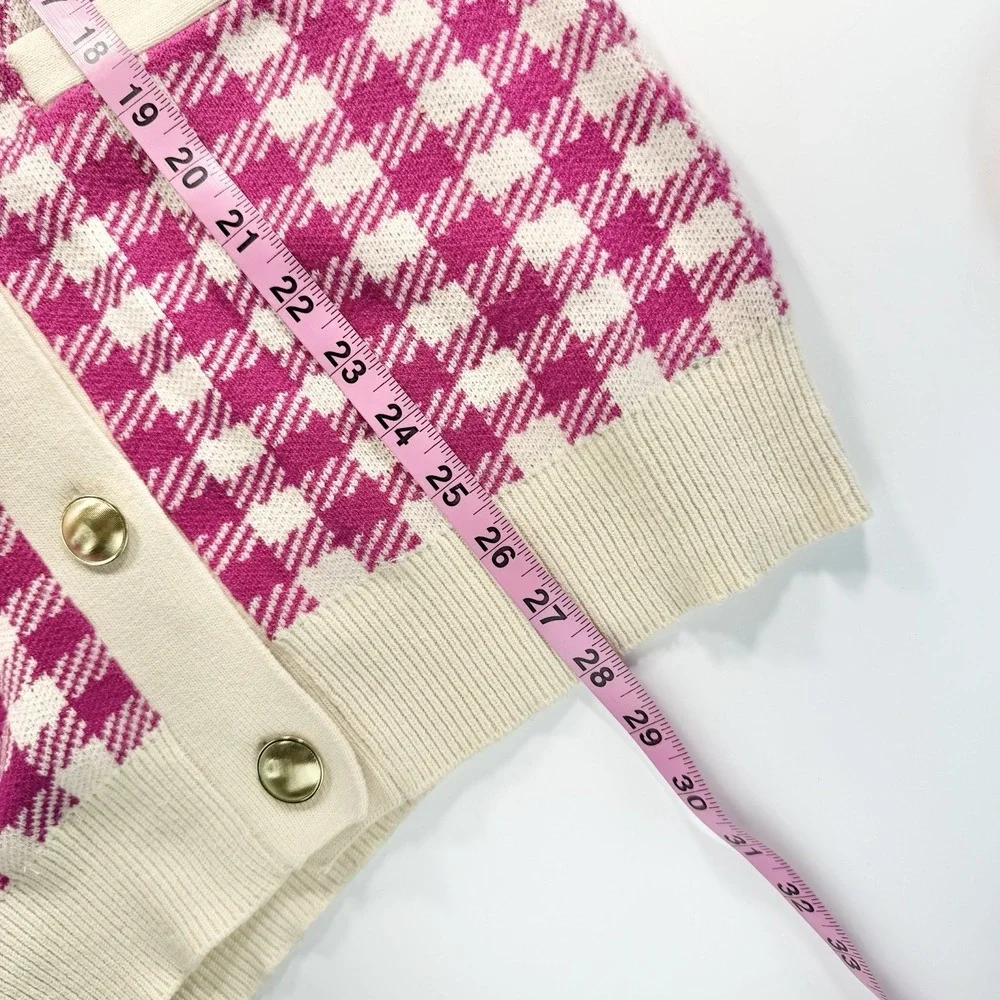 Who What Wear Women's Pink & Ivory Checked Cardigan Sweater XS Classic Old Money - Picture 9 of 10
